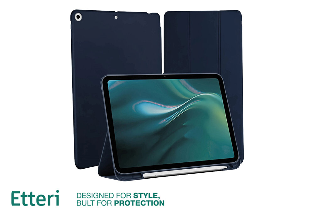 Etui ETTERI Tablet Case do Apple iPad 10.2- Ciemnoniebieski zginana okładka, trzystopniowa regulacja, stabilna podstawa, wygodna praca
