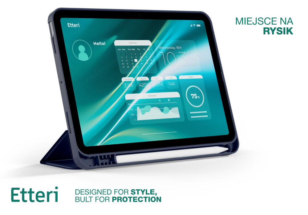 Etui ETTERI Tablet Case do Apple iPad Pro 2024 11- Ciemnoniebieski rysik, przydatne akcesorium, stablinie zamontowane, zawsze pod ręką