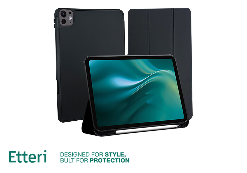 Etui ETTERI Tablet Case do Apple iPad Pro 2024 11- Czarny zginana okładka, trzystopniowa regulacja, stabilna podstawa, wygodna praca