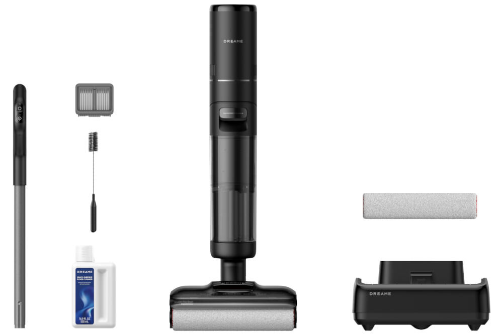 Na obrazie znajduje się odkurzacz pionowy z akcesoriami, w tym szczotką, filtrem, butelką płynu czyszczącego, dodatkowym wałkiem i stacją dokującą. Na odkurzaczu i stacji dokującej widoczne jest logo \'DREAME\'.