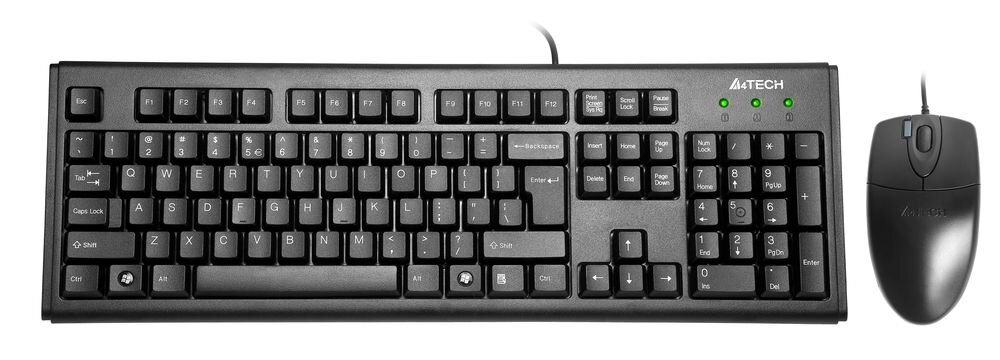 Zestaw A4TECH KM-72620D Klawiatura KM-720 trwałe klawisze z laserowym grawerem, 12 klawiszy multimedialnych FN regulowane nóżki istotnych funkcji 450 × 150 × 25 mm - zestaw na białym tle