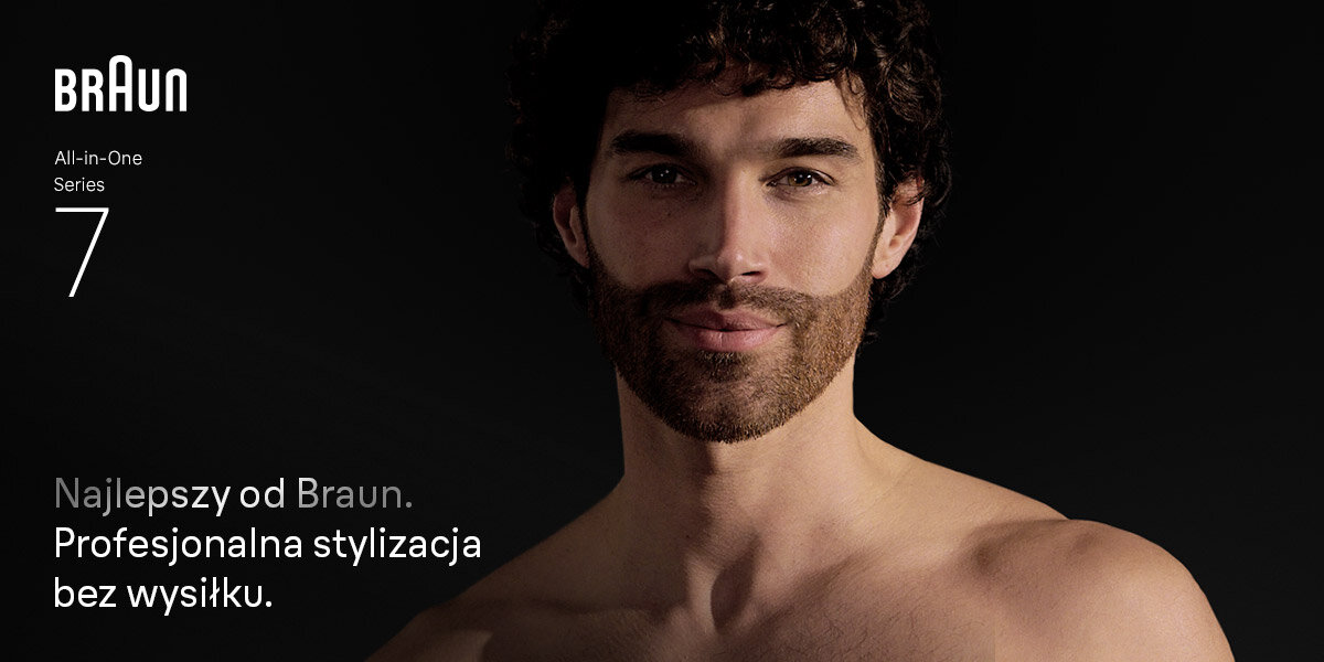 Trymer BRAUN Multigroom Seria 7 AIO7580 uśmiechnięty mężczyzna napis najlepszy od braun profesjonalna stylizacja bez wysiłku