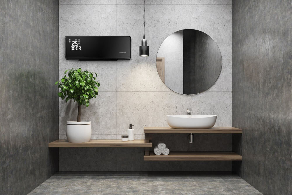 Grzejnik ceramiczny CONCEPT QH4001 czarny kolor kolorystyka szklany panel stopien ochrony IP22 2 poziomy mocy grzania funkcja wentylatora i regulowana oscylacje nowoczesny wyswietlacz LED