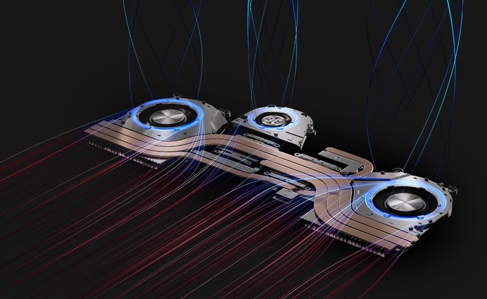  System trzech wentylatorów chłodzenia laptopa ASUS ProArt P16 z rurokami cieplnymi i kolorowymi liniami przedstawiającymi przepływ powietrza - Tri-fan 