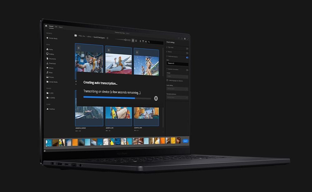  Laptop ASUS ProArt P16 z otwartą aplikacją do edycji wideo pokazującą proces tworzenia automatycznych transkrypcji filmów na ciemnym tle - AMD Ryzen AI 