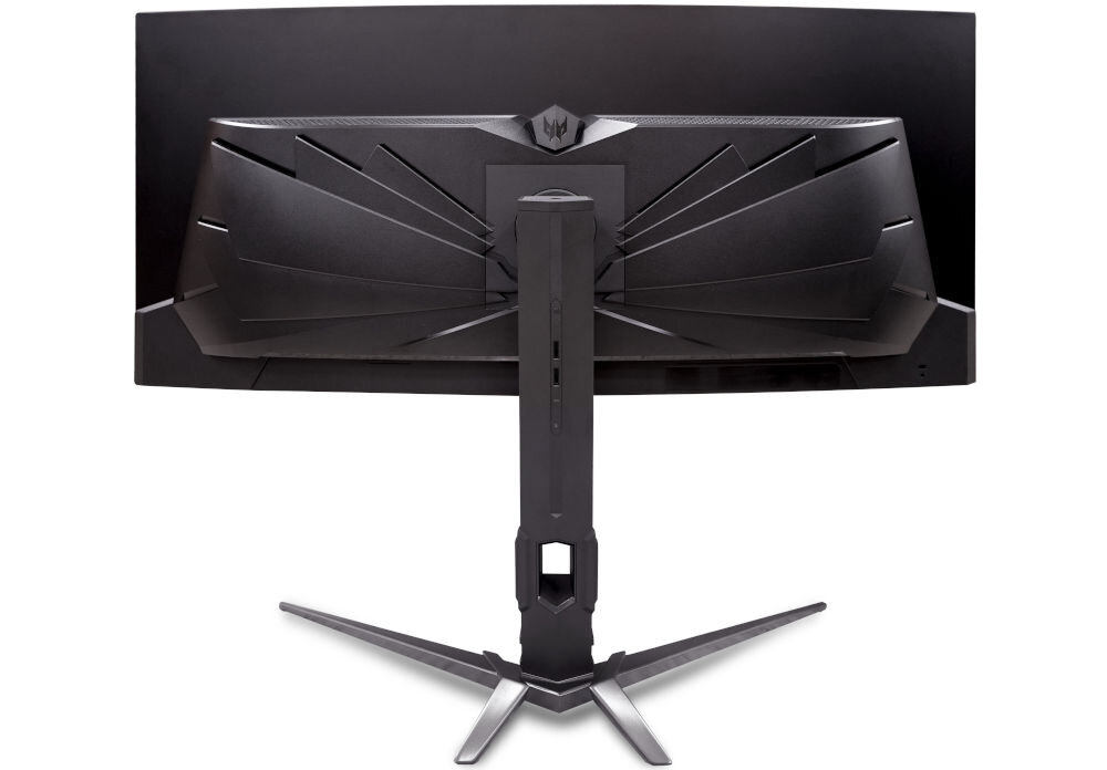 Monitor ACER Predator X34X5BMIIPHUZX 34 cale 3440x1440px OLED 240Hz 0.01 ms [PRT] Curved prezentacja monitora od tyłu na białym tle różne urządzenia wygoda elastyczność