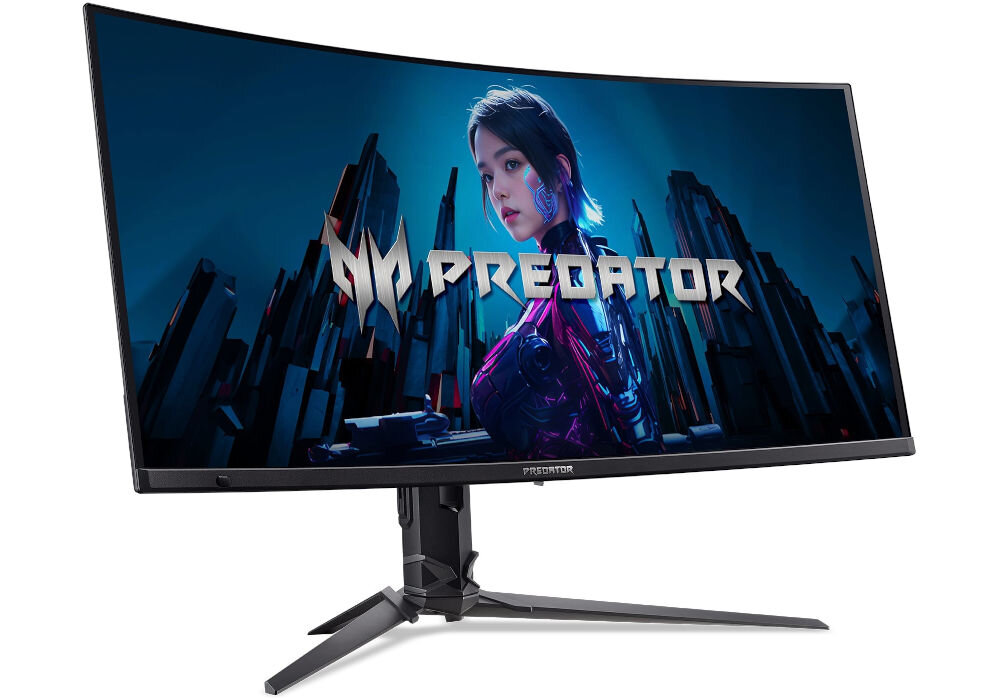 Monitor ACER Predator X34X5BMIIPHUZX 34 cale 3440x1440px OLED 240Hz 0.01 ms [PRT] Curved prezentacja monitora na białym tle od przodu pod kątem elegancki design stabilność podstawa stabilność