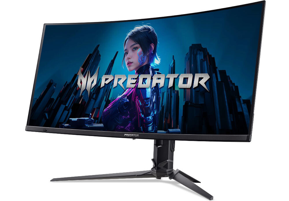 Monitor ACER Predator X34X5BMIIPHUZX 34 cale 3440x1440px OLED 240Hz 0.01 ms [PRT] Curved prezentacja monitora na białym tle od przodu pod kątem Display HDR True Black 400 przewaga w dostrzeganiu szczegółów jasne i wyraźne światła