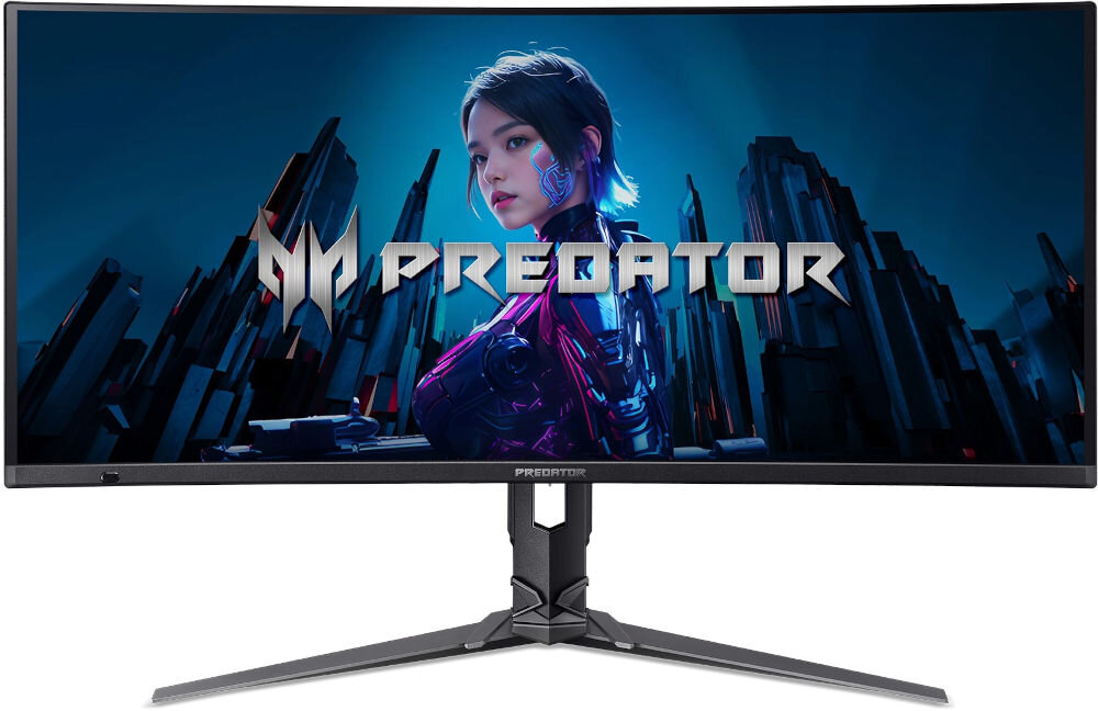 Monitor ACER Predator X34X5BMIIPHUZX 34 cale 3440x1440px OLED 240Hz 0.01 ms [PRT] Curved prezentacja monitora na białym tle technologia matryc organicznych i kropek kwantowych wysoki współczynnik kontrastu głębia obrazu w grach wsparcie efektu HDR