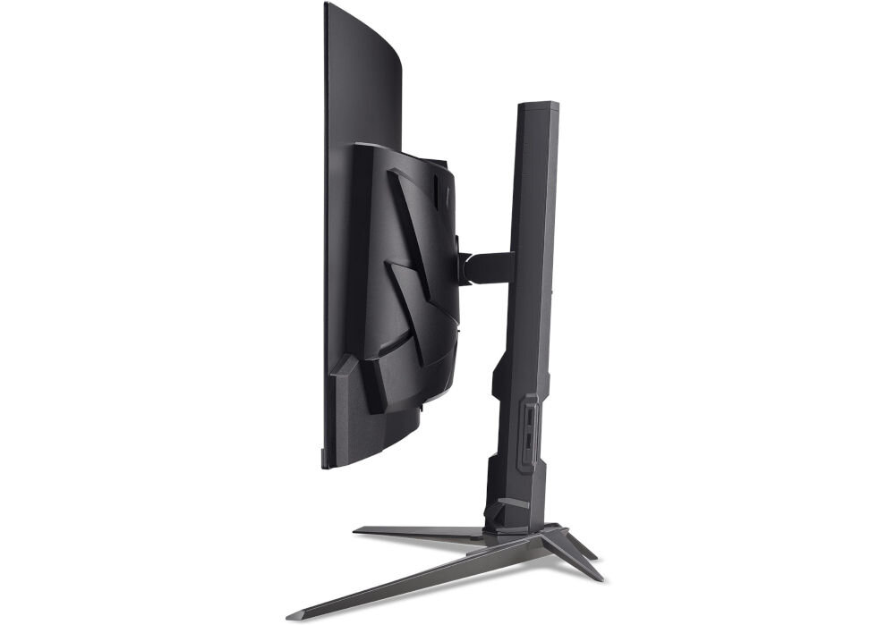 Monitor ACER Predator X34X5BMIIPHUZX 34 cale 3440x1440px OLED 240Hz 0.01 ms [PRT] Curved prezentacja monitora od boku na białym tle regulowana podstawa, pochylenie, wysokość, pivot dostosowanie pozycji ograniczenie napięcia