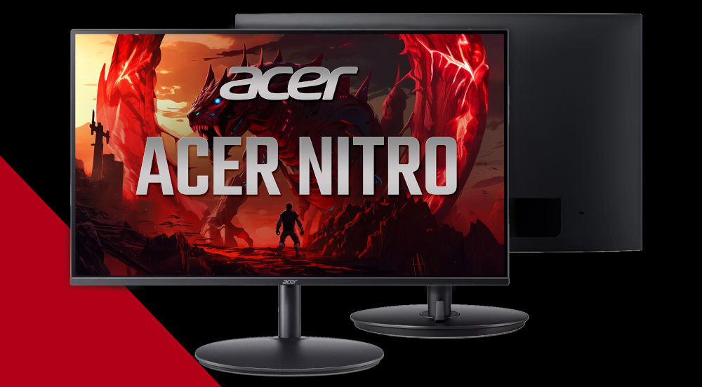 Monitor ACER Nitro 27 cali XF270W3BMIIPHX 1920x1080px IPS 240Hz 0.5 ms [GTG]  prezentacja monitora od przodu i tyłu na czarnym tle czerwony pasek po lewej stronie