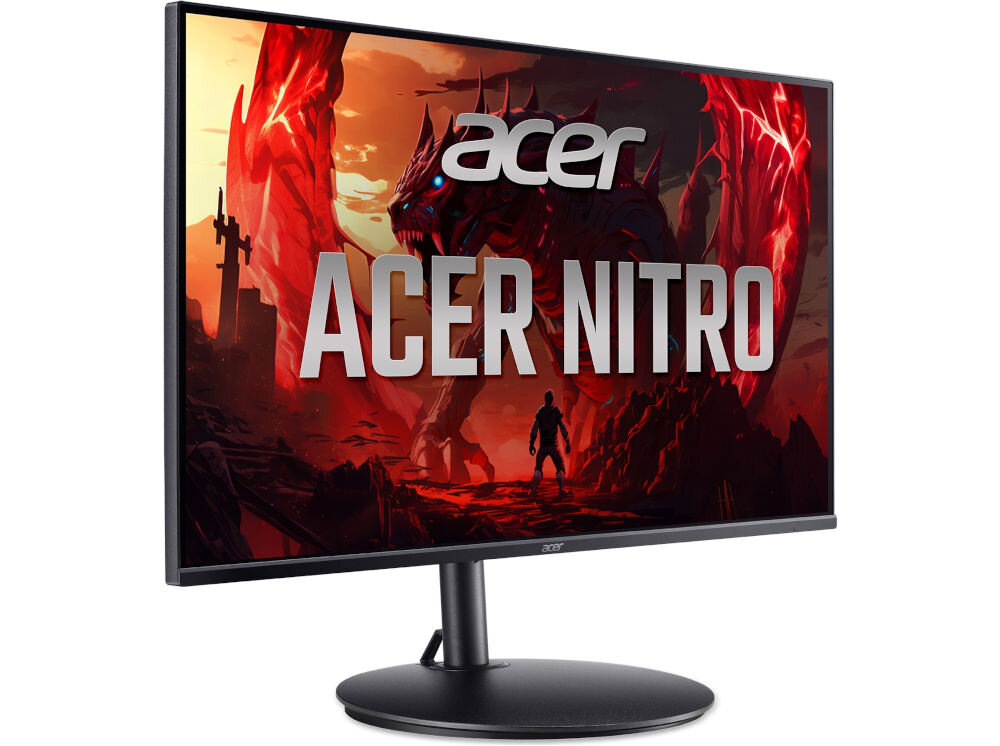 Monitor ACER Nitro 27 cali XF270W3BMIIPHX 1920x1080px IPS 240Hz 0.5 ms [GTG]  prezentacja monitora od przodu pod kątem na białym tle złącza porty płynne przełączanie