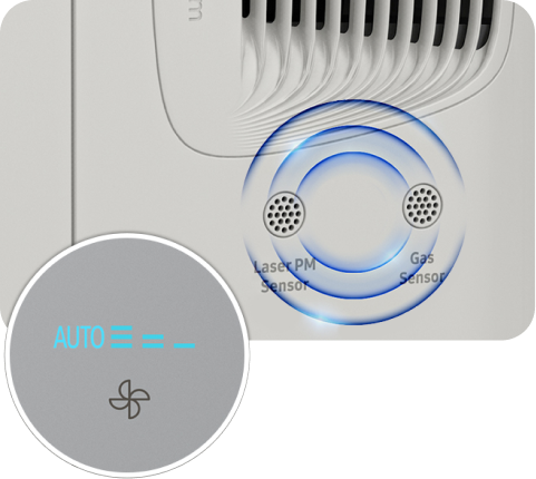 Zbliżenie na czujniki oczyszczacza powietrza z trybem automatycznym na panelu sterowania.