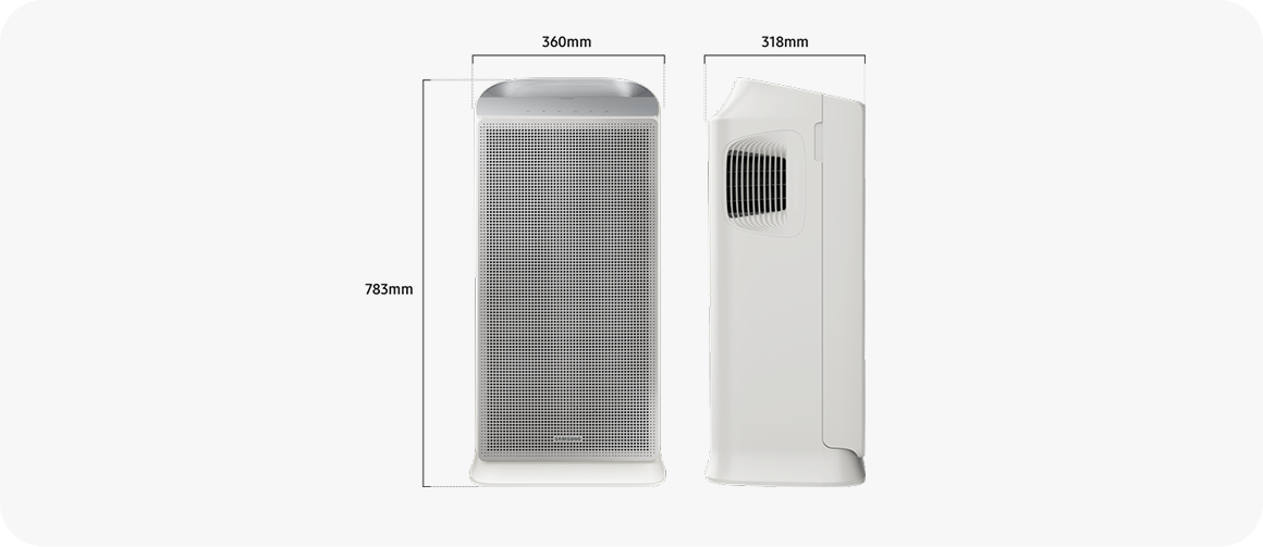 Wymiary oczyszczacza powietrza: wysokość 783mm, szerokość 360mm, głębokość 318mm.