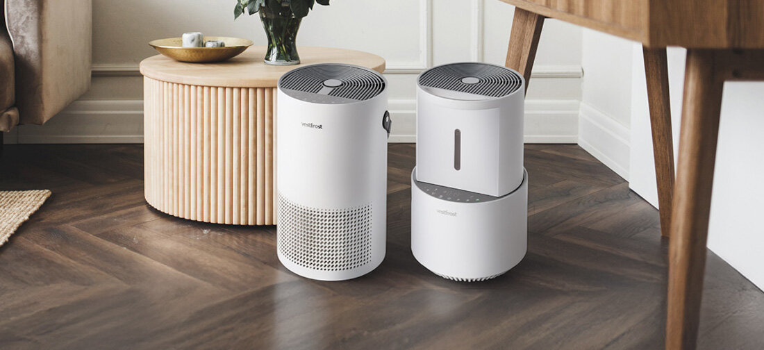 Oczyszczacz powietrza VESTFROST VP-E2S40WH cicha praca tryb nocny sleep silnik inwerterowy 5 poziomów prędkości wentylatora kolorowy wyświetlacz subtelne oświetlenie ambient light informacja jakość