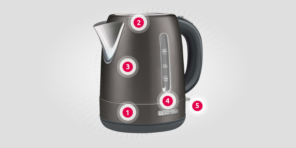 Czajnik SENCOR SWK 1228BK wygoda funkcjonalność Dno grzewcze Zabezpieczenie pokrywy wysoka jakość stal nierdzewna wyłacznik z podświetleniem Środkowe złącze 360°