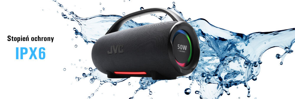 Głośnik mobilny JVC XS-E524B LED IPX6 odporny na zachlapanie spotkania plenerowe, głośnik po skosise skąpany w wodzie