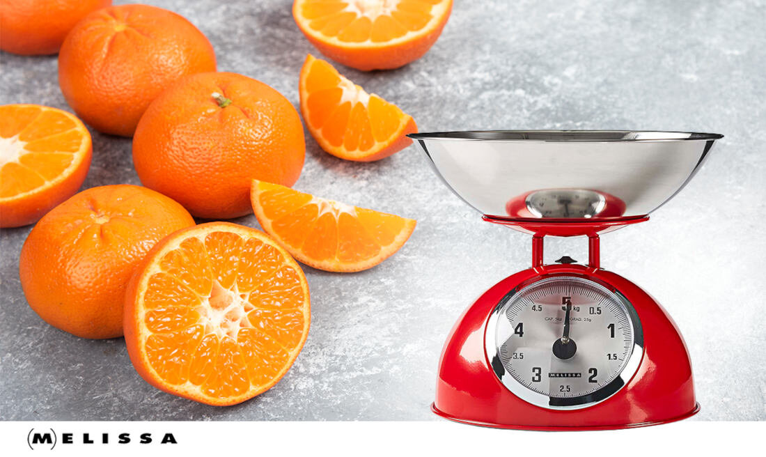 Waga kuchenna MELISSA 16310239 retro design z praktycznymi funkcjami Czytelna tarcza z podziałką co 25 g wymiary