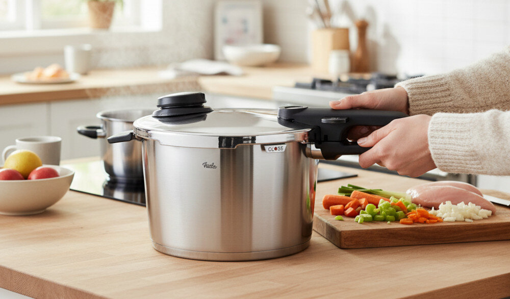 Szybkowar FISSLER Vitavit Premium 622-812-08-070/0 zdjęcie lifestyle Trwała stal nierdzewna z satynowej stali nierdzewnej 18/10  Pojemność 8 l