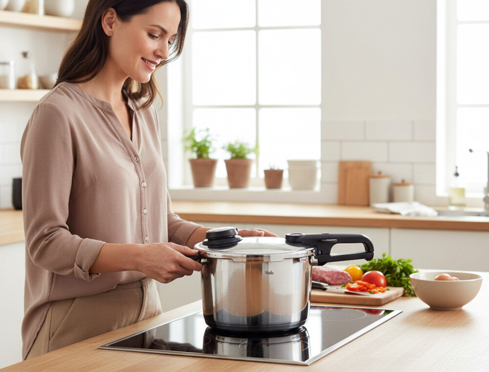 Szybkowar FISSLER Vitavit Premium 622-812-08-070/0 zdjęcie lifestyle Dno Cookstar pochłanianie, rozprowadzanie i magazynowanie ciepła do wszystkich rodzajów kuchenek