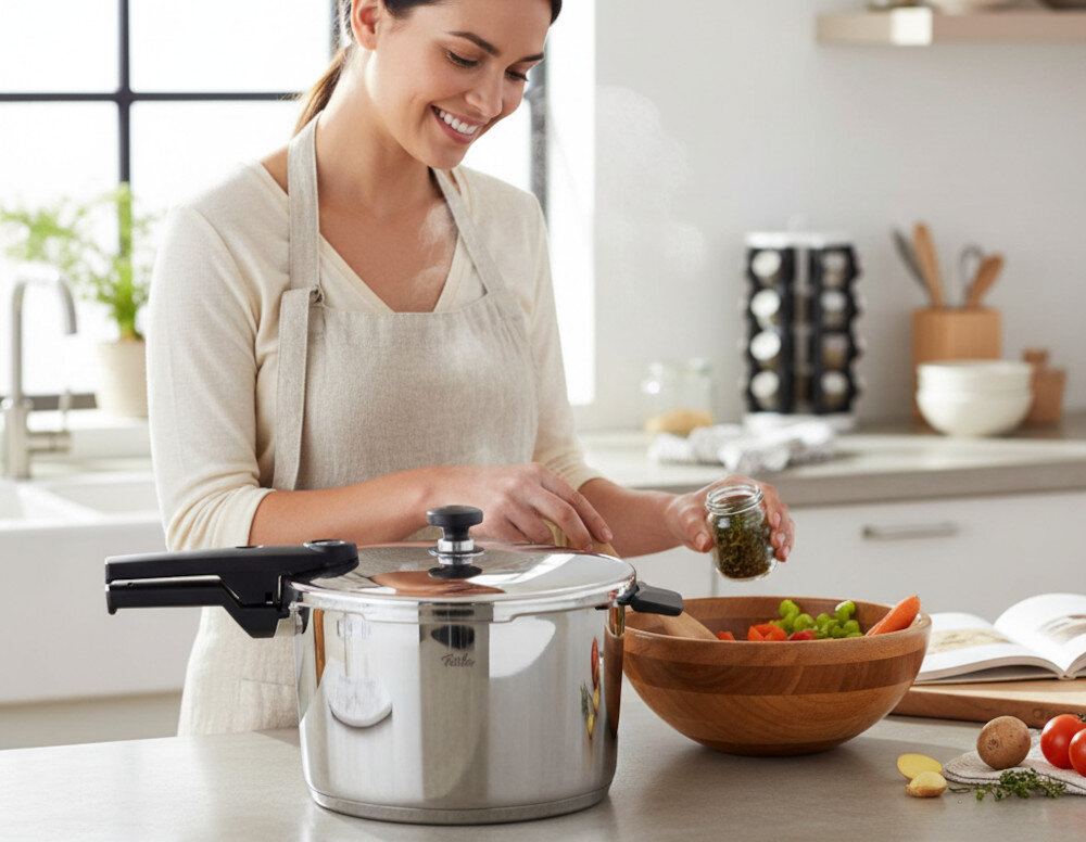 Szybkowar FISSLER Vitaquick 600-810-08-000/0 zdjęcie lifestyle gotowanie pod ciśnieniem