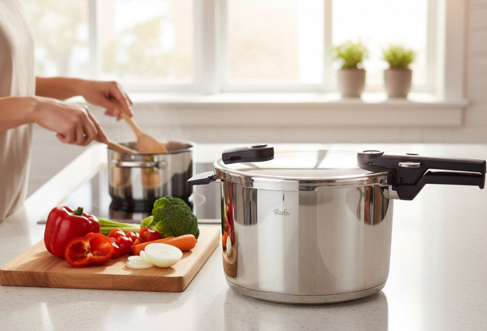 Szybkowar FISSLER Vitaquick 600-810-08-000/0 zdjęcie lifestyle Wszechstronne gotowanie od warzyw gotowanych na parze, przez delikatne ryby, po gulasze mięsne i aromatyczny ryż Oznaczenia na pokrywce 