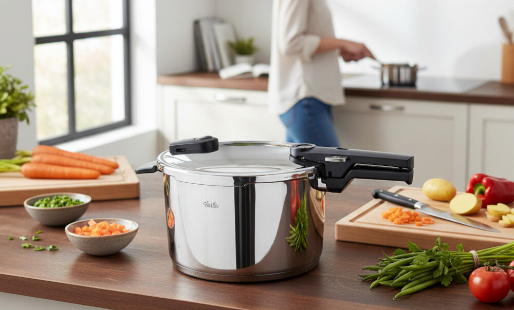 Szybkowar FISSLER Vitaquick 600-810-08-000/0 zdjęcie lifestyle Dwa poziomy gotowania delikatny lub szybki