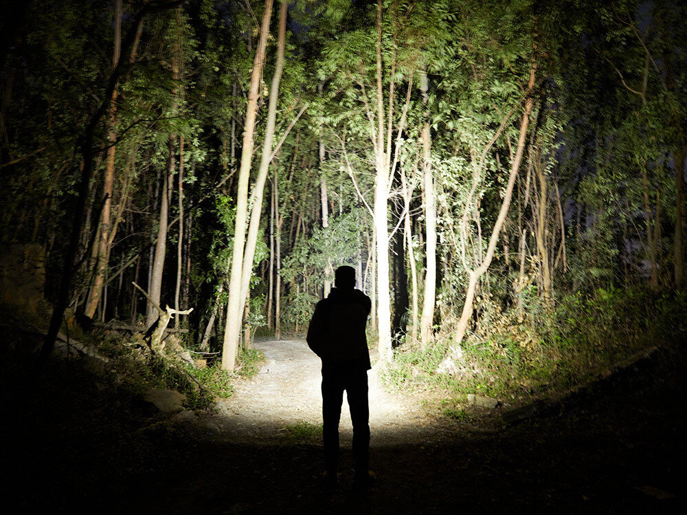 Latarka OLIGHT Baton 3 Pro Max OL000358 Czarny, tryby, stroboskop, czas, uniwersalność, Użytkownik oświetla ścieżkę w lesie, duża moc latarki Olight Baton 3 Pro Max, rozświetlone drzewa.