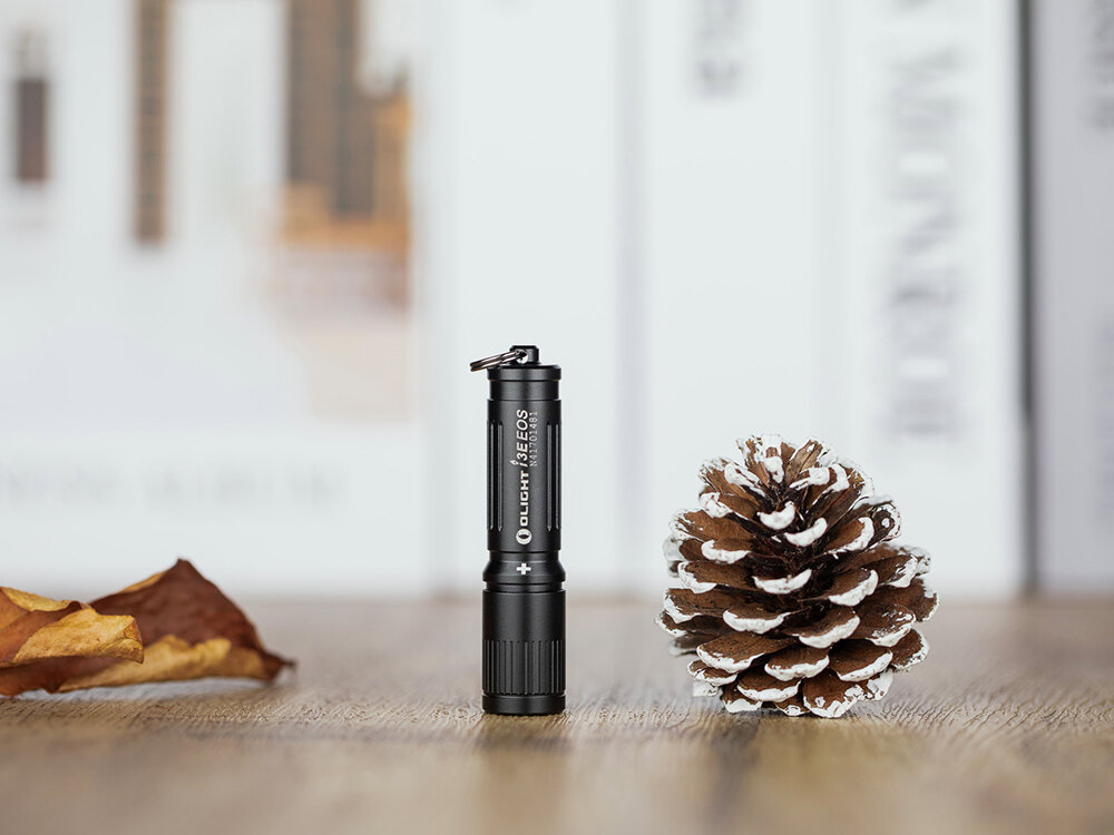 Latarka OLIGHT I3E EOS OL691794 Edycja Osight Czarny, miniaturowa, jasność, 90 lumenów, codzienne, Olight I3E EOS Black w pozycji stojącej, dekoracja szyszka i liść, jasne, minimalistyczne tło.