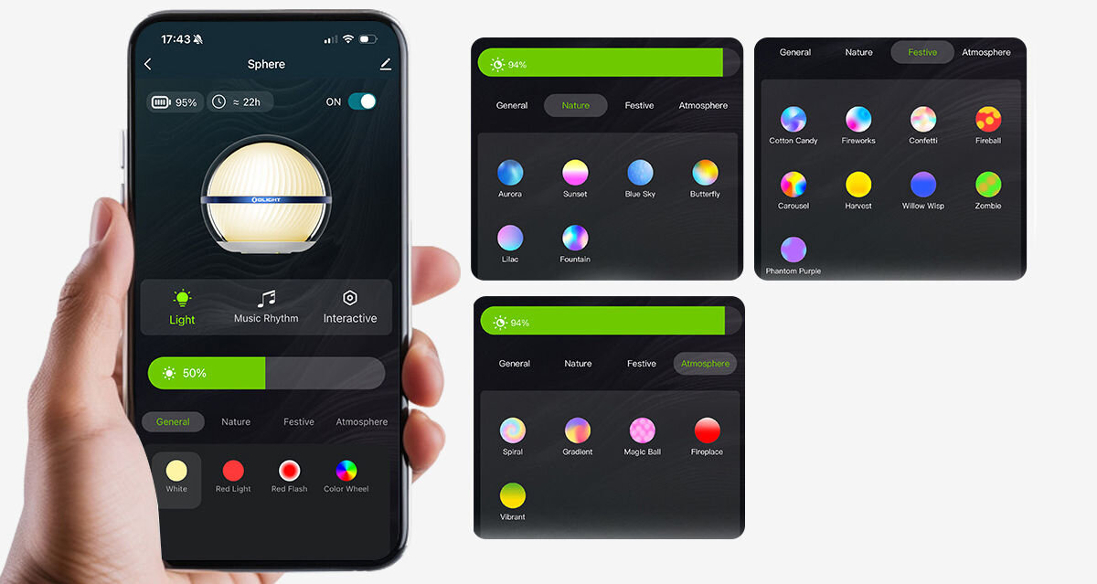 Lampa kempingowa OLIGHT Sphere C OL692302, Sterowanie aplikacją, dotykowy przycisk, regulacja, synchronizacja, Aplikacja Olight Sphere – ustawienia kolorów i trybów światła, ekran telefonu.