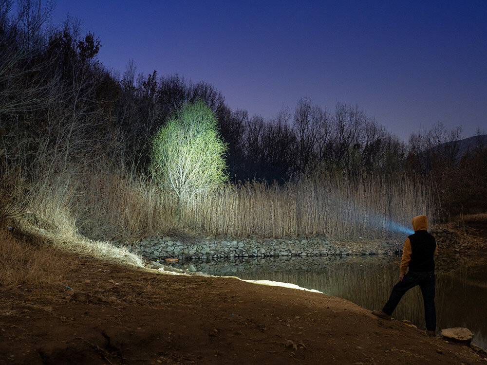 Latarka OLIGHT OL691985, 530, lumenów, 120, metrów, Strumień światła oświetla krzew nad brzegiem wody
