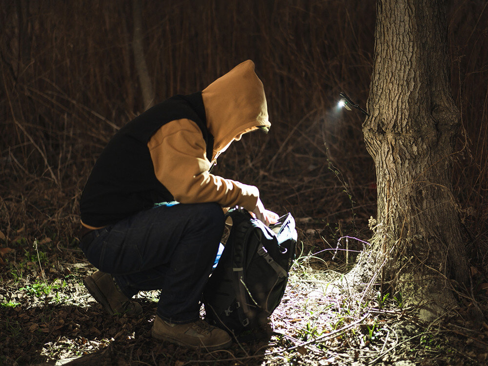 Latarka OLIGHT OL691985, lekka, mała, podróżna, codzienna, Latarka przypięta do drzewa oświetla plecak w lesie