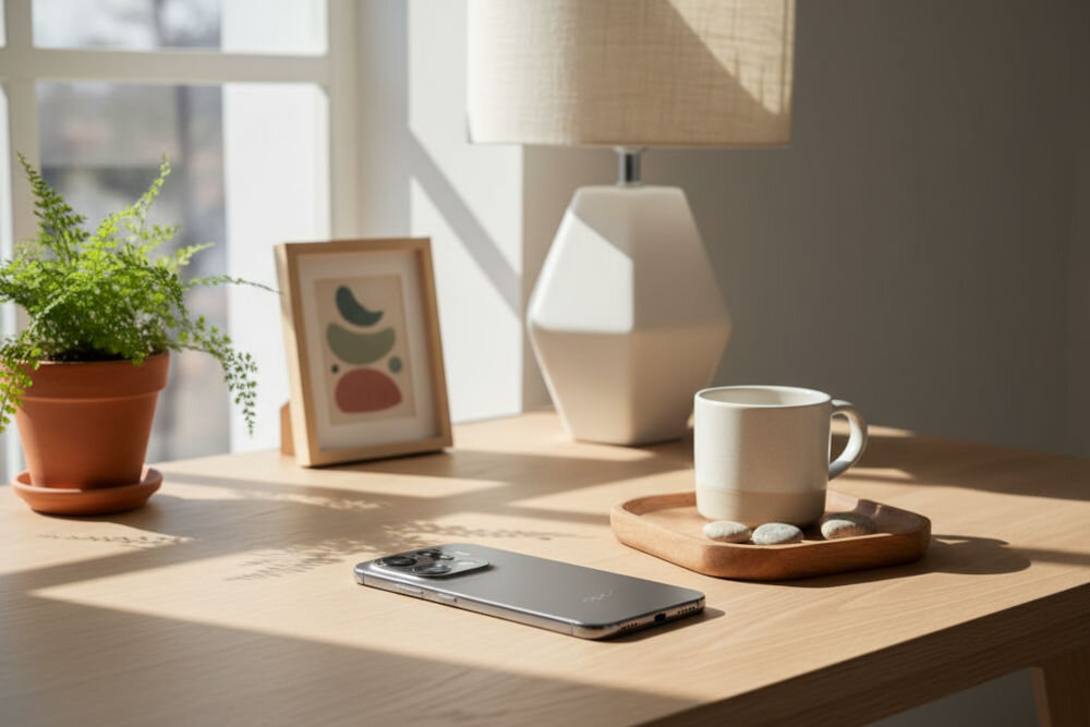 OPPO Find X9 Pro smartfon z systemem aparatów Hasselblad 200 MP teleobiektyw zoom 120x professional photography Smartfon OPPO w kolorze szarym/srebrnym leżący poziomo na drewnianym biurku, w promieniach słońca wpadających przez okno. Obok smartfona znajdują się doniczka z paprotką, ramka ze zdjęciem z abstrakcyjnym wzorem, lampa stołowa i kubek na drewnianej podkładce z kamieniami.