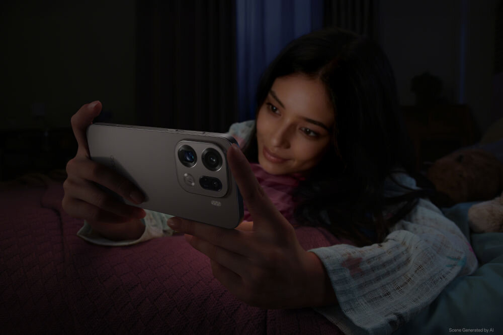 OPPO Find X9 Pro aparat Hasselblad 50 MP Sony LYT-828 OIS 200 MP teleobiektyw ultraszerokokątny 50 MP Młoda kobieta leżąca w półmroku, patrząca na ekran smartfona OPPO trzymanego w dłoniach, robiąc selfie lub nagrywając wideo. Ekran emituje delikatne, różowe światło oświetlające jej twarz. Widoczny jest tył smartfona w kolorze szarym/srebrnym z modułem aparatu.