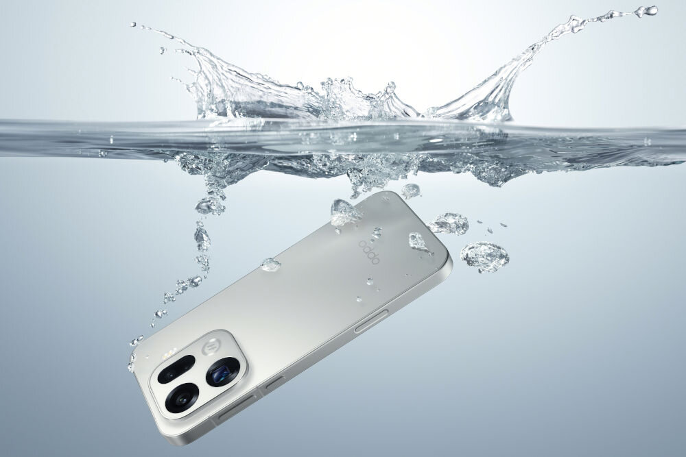 Smartfon OPPO Find X9 5G 12/512 6.59 120Hz  wyświetlacz 6,59 cala AMOLED ProXDR 120 Hz 3600 nitów 1,5K Gorilla Glass 7i Smartfon OPPO Find X9 zanurzony w wodzie, pokazujący odporność na zachlapania dzięki certyfikatowi IP69