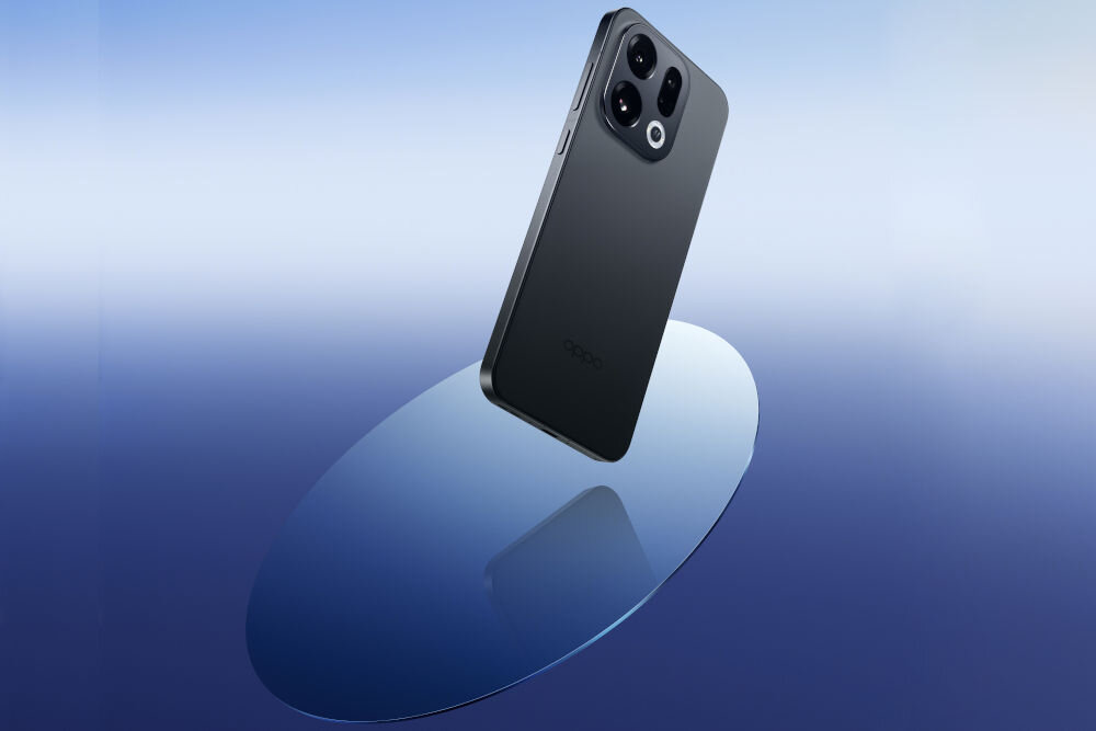 Smartfon OPPO Find X9 5G 12/512 6.59 120Hz  z aparatem Hasselblad 120x zoom teleskopowy ultraszerokokątny obiektyw 50 MP Smartfon OPPO Find X9 w czarnej wersji kolorystycznej wyeksponowany na lustrzanym podłożu, widok na aparaty