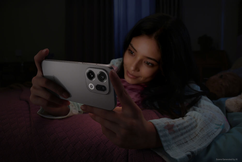 Smartfon OPPO Find X9 5G 12/512 6.59 120Hz  aparat Hasselblad 50 MP Sony LYT-808 OIS teleobiektyw ultraszerokokątny 120 stopni 32 MP selfie Osoba korzystająca ze smartfona OPPO Find X9 podczas wieczornego relaksu, ekran rozświetlony w ciemnym pokoju