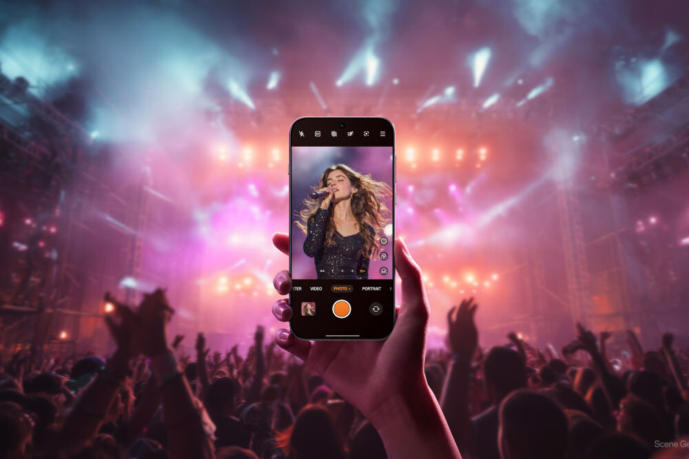 Smartfon OPPO Find X9 5G 12/512 6.59 120Hz  zoom teleskopowy 120x AI sztuczna inteligencja teleobiektyw OIS stabilizacja obrazu Smartfon OPPO Find X9 trzymany w ręku podczas koncertu, ekran prezentuje tryb fotografowania w trudnych warunkach oświetleniowych
