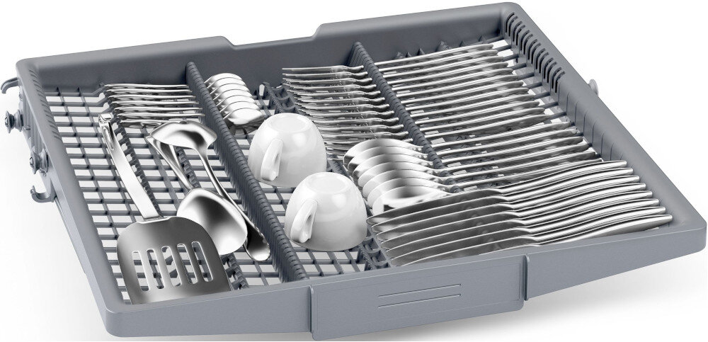 ZMYWARKA BOSCH SMS4HVI14E szuflada ze sztućcami łyżki widelce noże akcesoria Szuflada Vario3 dodatkowy poziom górna część zmywarka miejsce sztućce akcesoria kuchenne łyżki wazowe trzepaczki filiżanki espresso swoboda załadunku więcej przestrzeni zastępstwo koszyk komplet naczyń możliwości