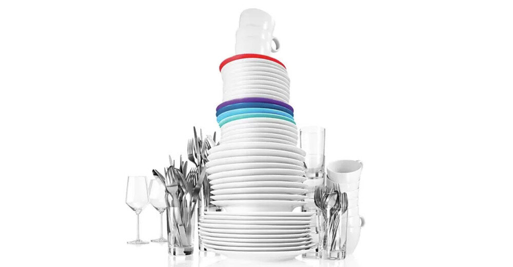 Zmywarka BOSCH SMS4HVI14E wizualizacja naczynia szkło talerze sztućce kieliszki ExtraDry dobrze wysuszone plastikowe naczynia butelki talerzyki