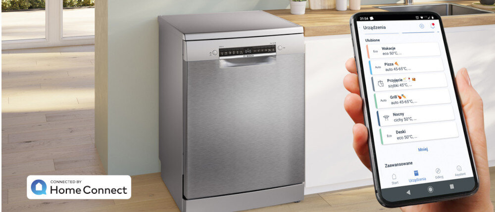 Zmywarka BOSCH SMS4HVI14E wizualizacja zmywarka front kuchnia telefon smartfon w dłoni programy na wyświetlaczu Aplikacja home Connect zdalne sterowanie diagnostyka wskazówki ustawienia z dowolnego miejsca monitorowanie
