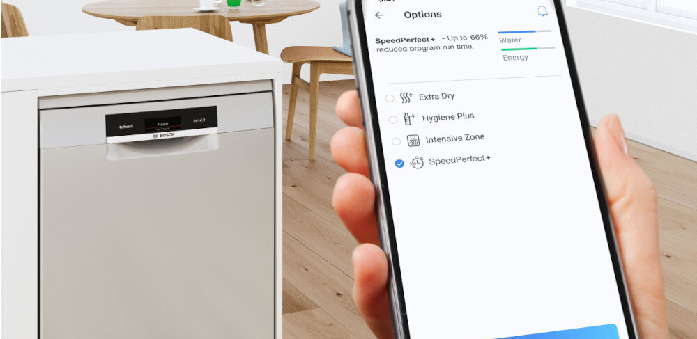 Zmywarka BOSCH SMS4HVI14E wizualizacja smartfon aplikacja programy funkcje zmywarka front SpeedPerfect Plus skrócenie czasu mycia szybsze krótsze mycie oszczędne zmywanie
