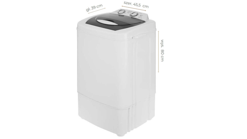 PRALKA WIRNIKOWA STELLA STST-350 Pralka wirnikowa z zaznaczonymi wymiarami urządzenia kompaktowe wymiary załadunek 7 kg mobilne pranie kolor biały mobilność lekka wygoda niezależność