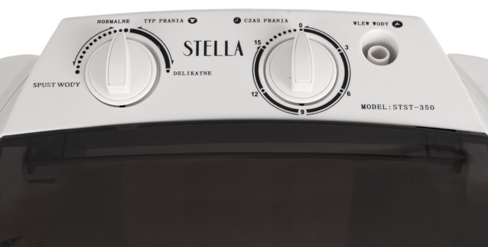 PRALKA WIRNIKOWA STELLA STST-350 Zbliżenie na mechaniczny panel sterowania z pokrętłami programów i czasu prania mechaniczne sterowanie 2 programy prania pokrętła prosta obsługa