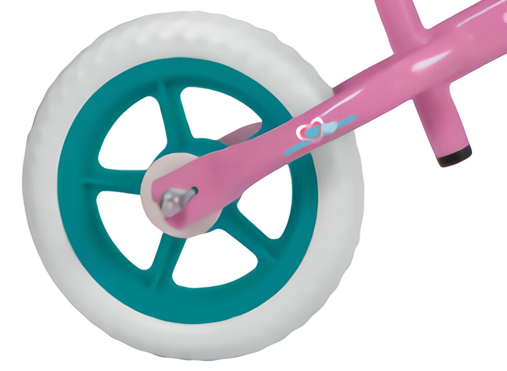 Rowerek biegowy HUFFY Minnie 27971W Różowy koła 10-calowe bezobsługowe opony z pianki EVA gruby bieżnik tłumią drgania podczas jazdy jazda płynna cicha komfortowa  bezpieczna szerokie rozstawienie kółek 