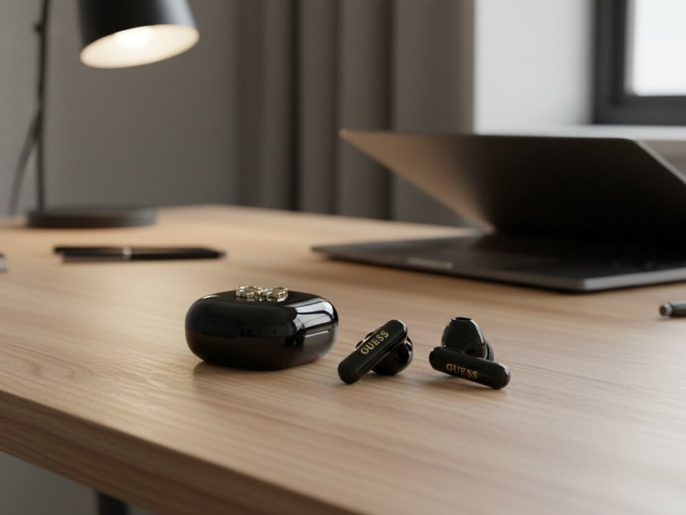Słuchawki douszne GUESS 4G Metal Logo
			słuchawki i etui ładujące na biurku