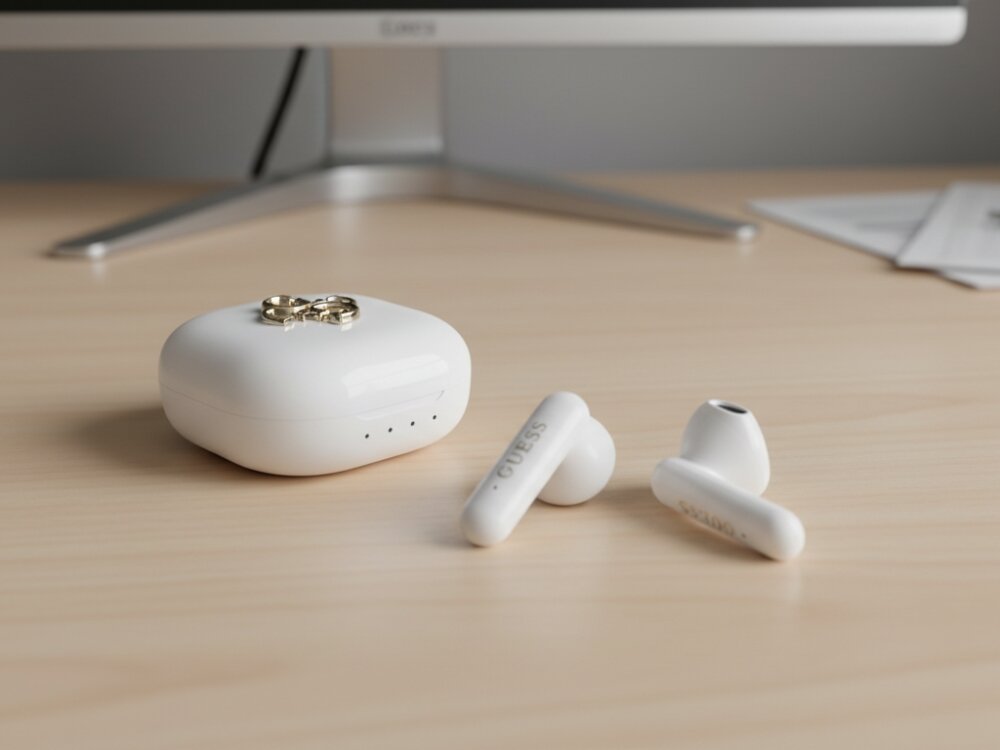 Słuchawki douszne GUESS 4G Metal Logo
			słuchawki i etui ładujące na biurku