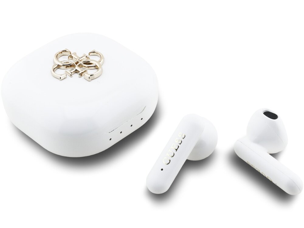 Słuchawki douszne GUESS 4G Metal Logo
			słuchawki i etui ładujące na białym tle poliwęglanowa konstrukcja złote metalowe logo marki