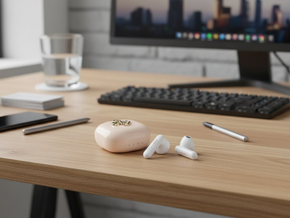 Słuchawki douszne GUESS 4G Metal Logo
			słuchawki i etui ładujące na biurku