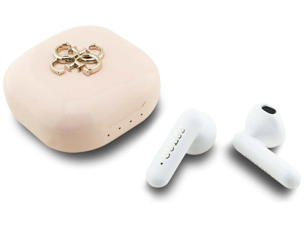 Słuchawki douszne GUESS 4G Metal Logo
			słuchawki i etui ładujące na białym tle poliwęglanowa konstrukcja złote metalowe logo marki